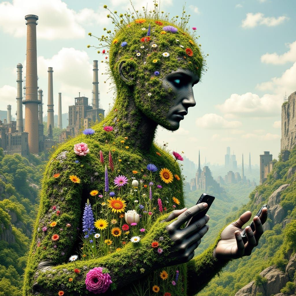 Moss Humanoid in Surreal Industrial Landscape