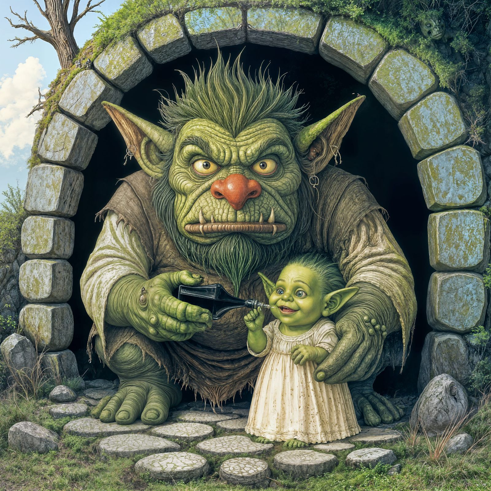 Troll Family Portrait in Stone Mound Home