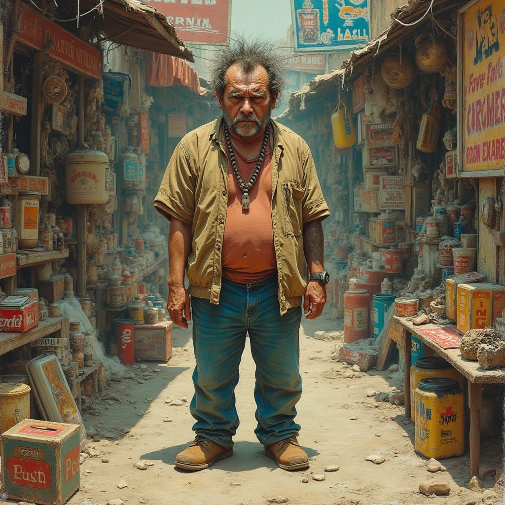 Gritty Market Scene in Distressed Folk Art Style