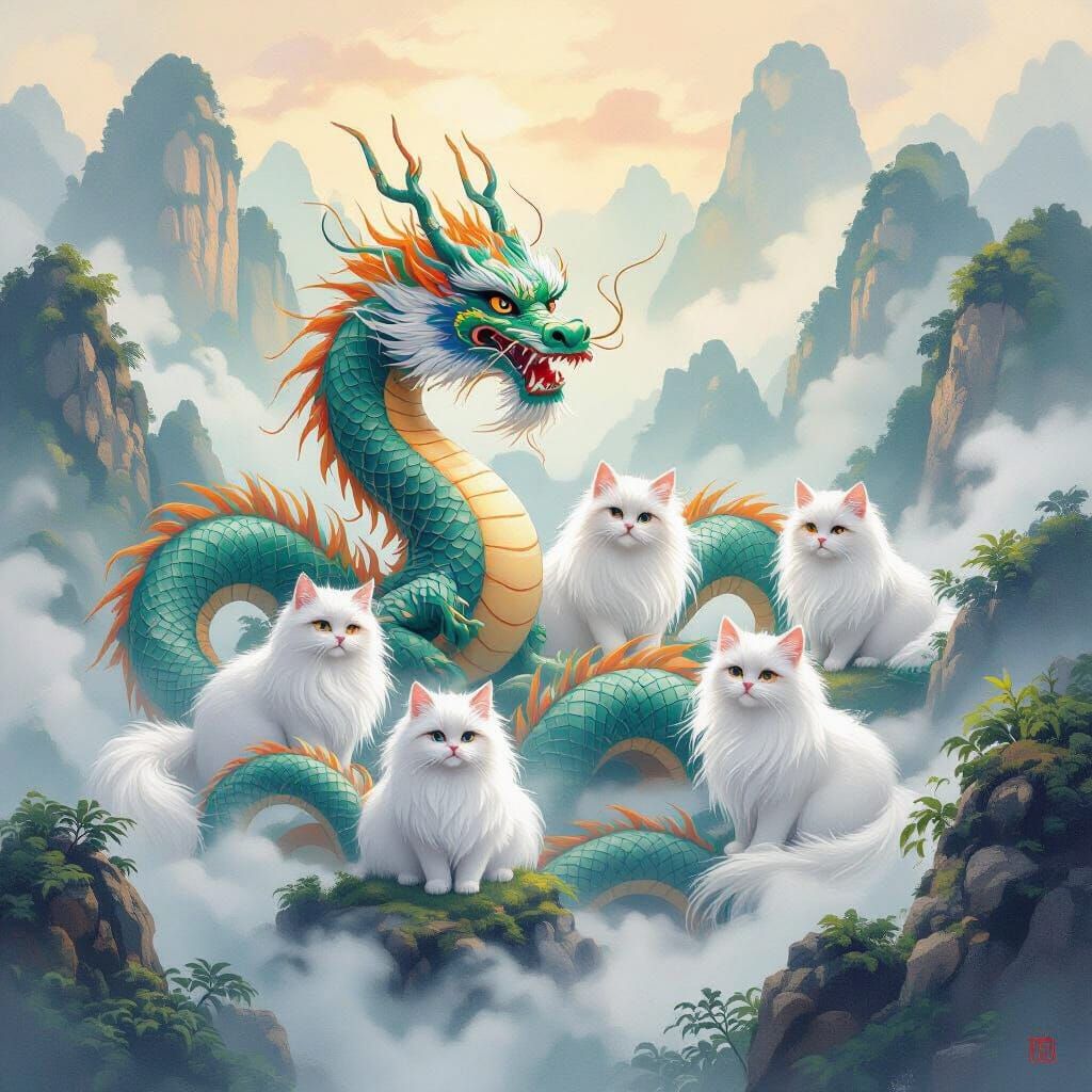 Aqua Chinese Dragons with Tabby Cats in Misty Mountains
