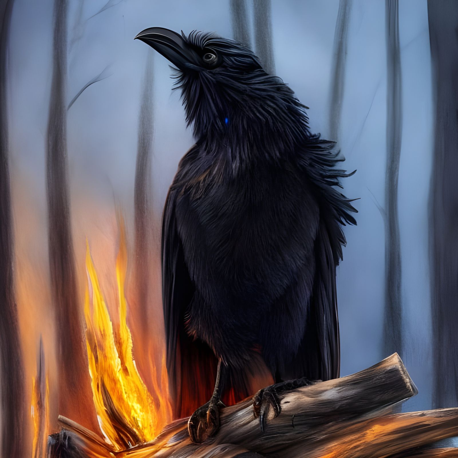 Raven King in Burning Forest: Ethereal Fantasy Art