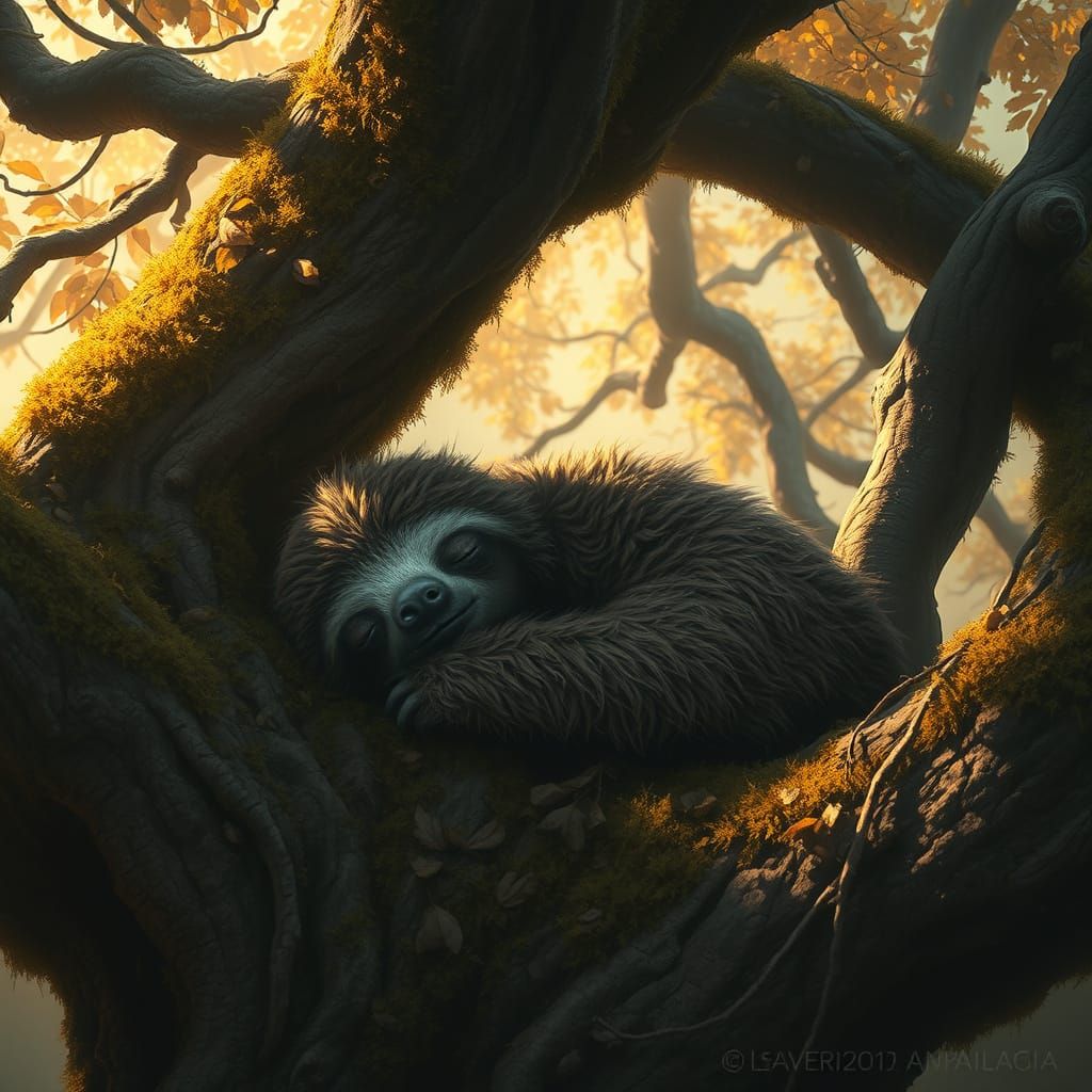 Slumbering Sloth in Golden Autumn Light