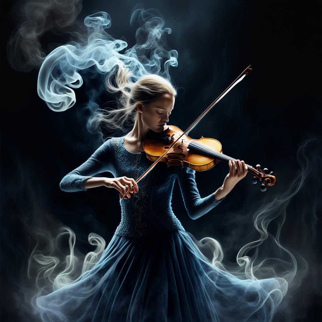 Ethereal Smoke Muse Plays Violin amidst Whimsical Matchstick...