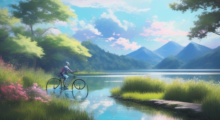 Boys in Vibrant Anime Style Ride Bicycles to Serene Lake