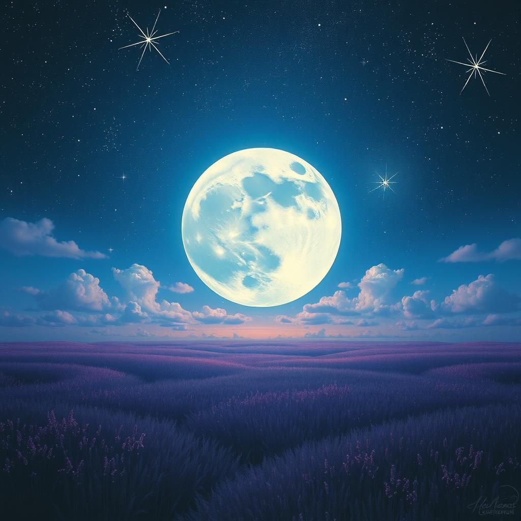 Glowing Moon Amidst Twinkling Stars in Abstract Style