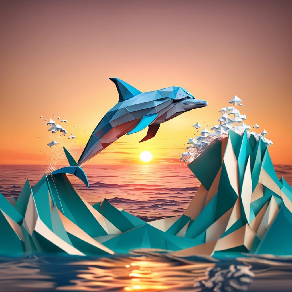 Dolphin Sunset in Origami Papercraft Style