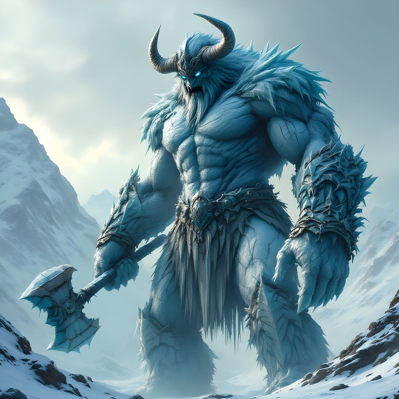 Eldritch Dark Fantasy Giant in Icy Snowy Mountains