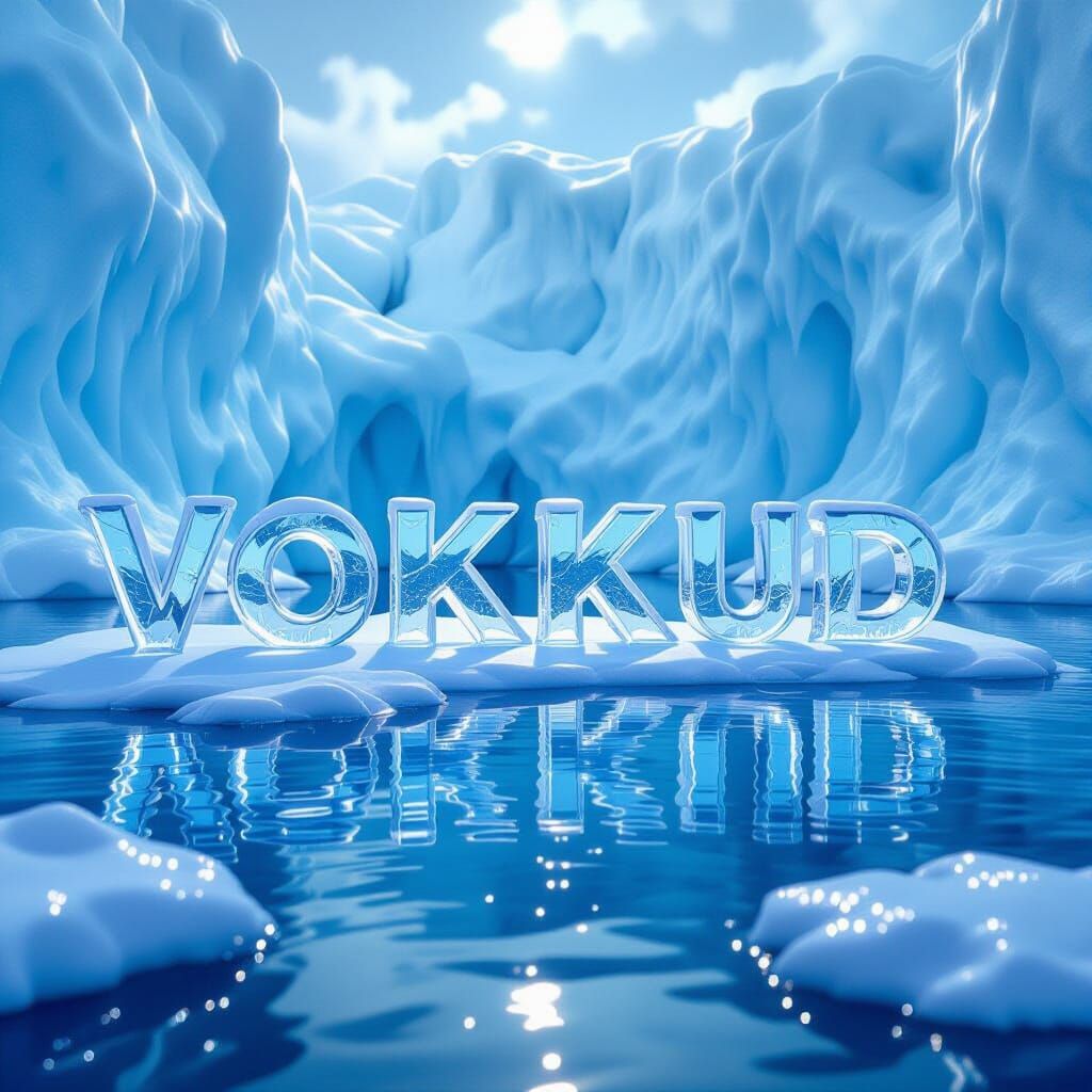 Ice Block Letters 'Vokkud' Reflected on Glistening Icebergs
