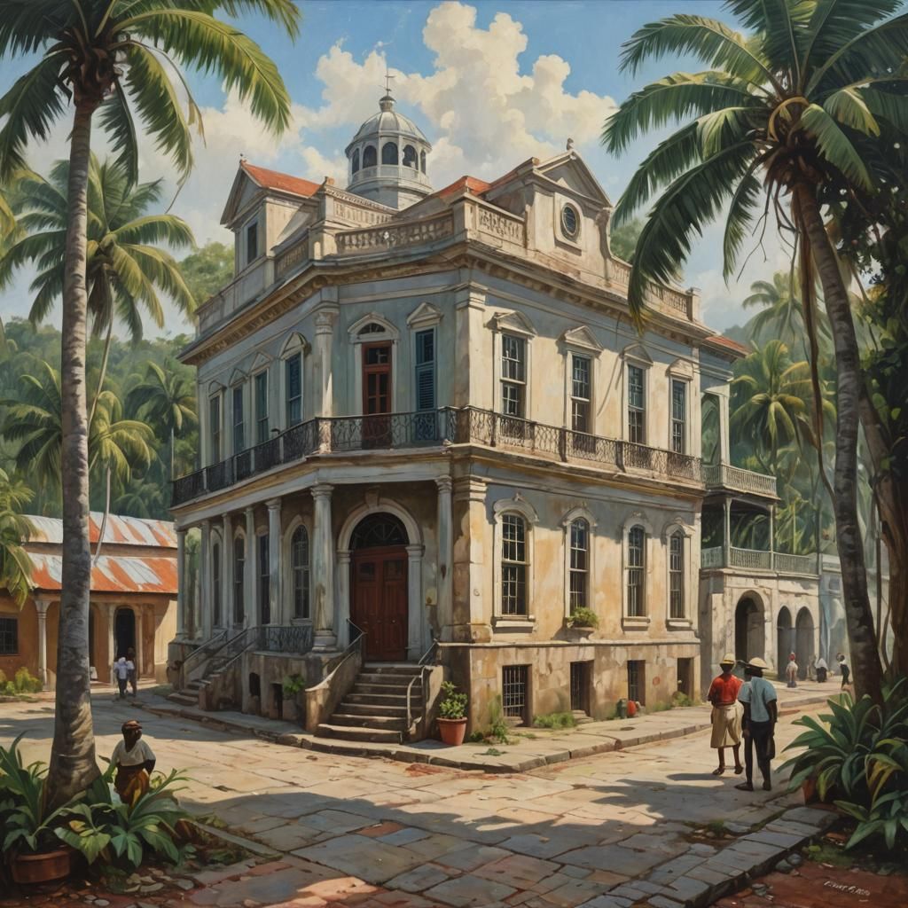Caribbean Colonial Customhouse: Oil Painting