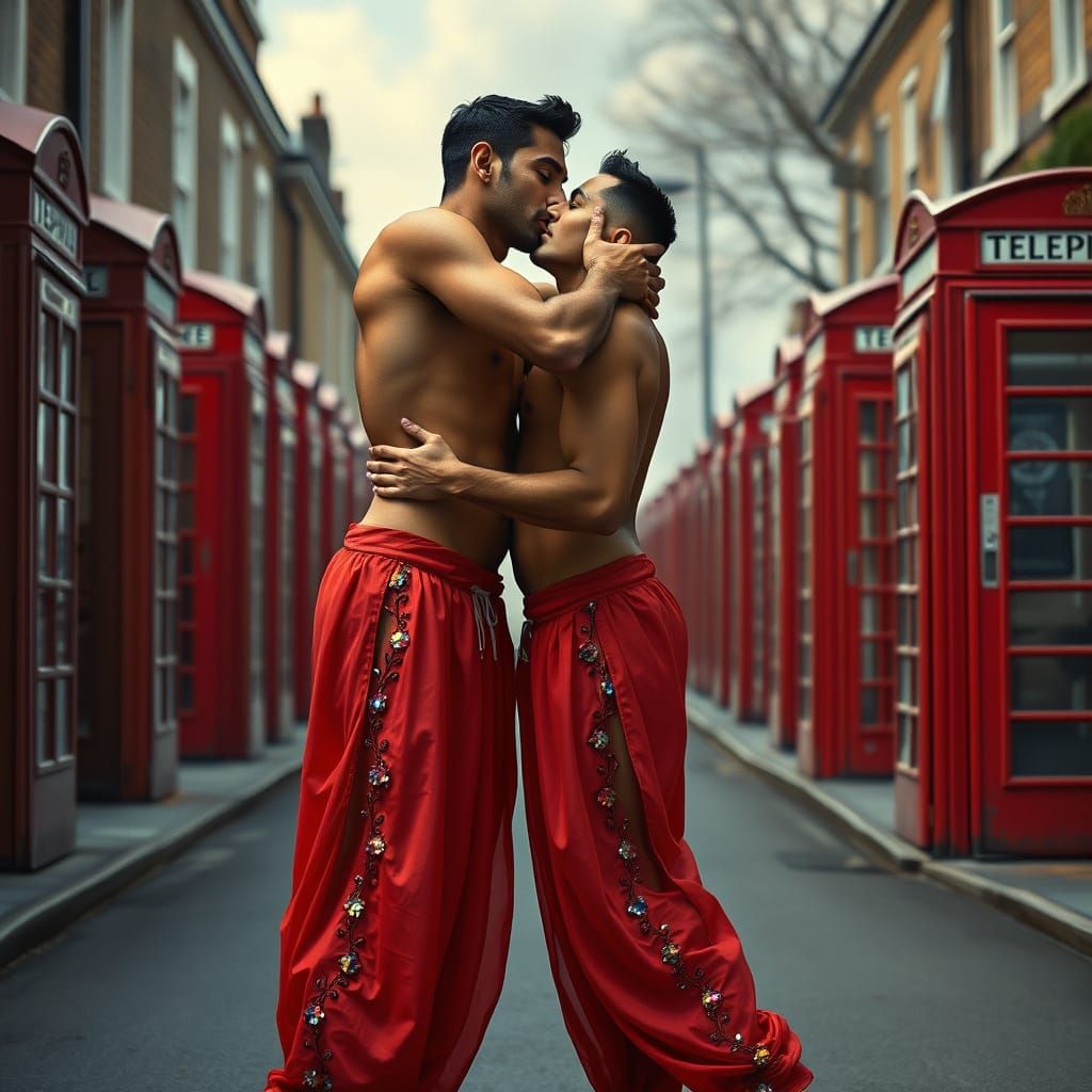 Two Indian Men Embrace in Romantic Realism Style