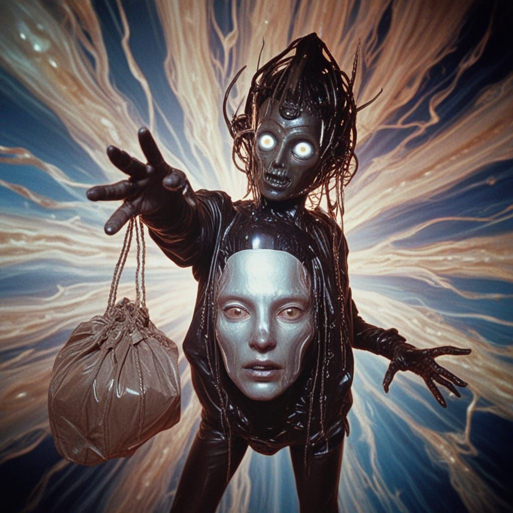 Horrifying Being with Magic Bag in Surreal Style