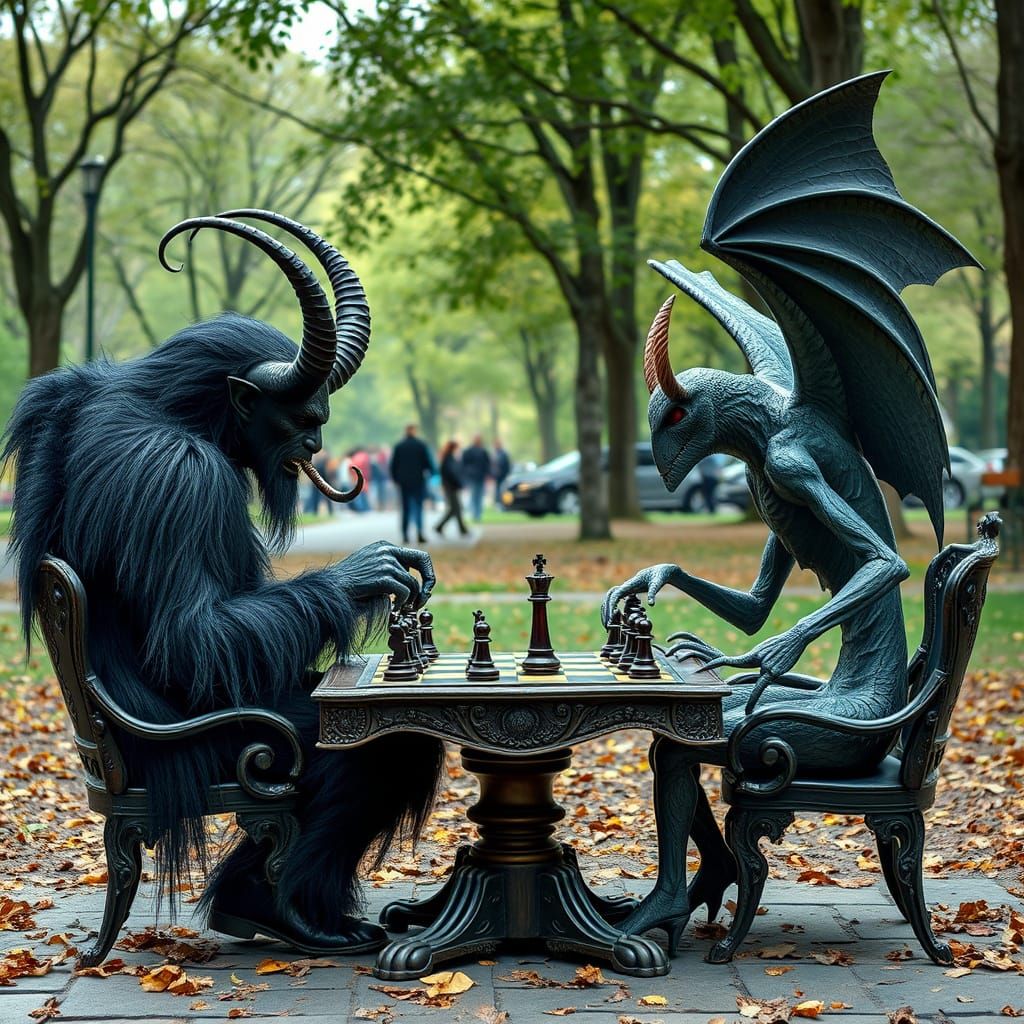 Krampus and Mothman Play Chess in Central Park