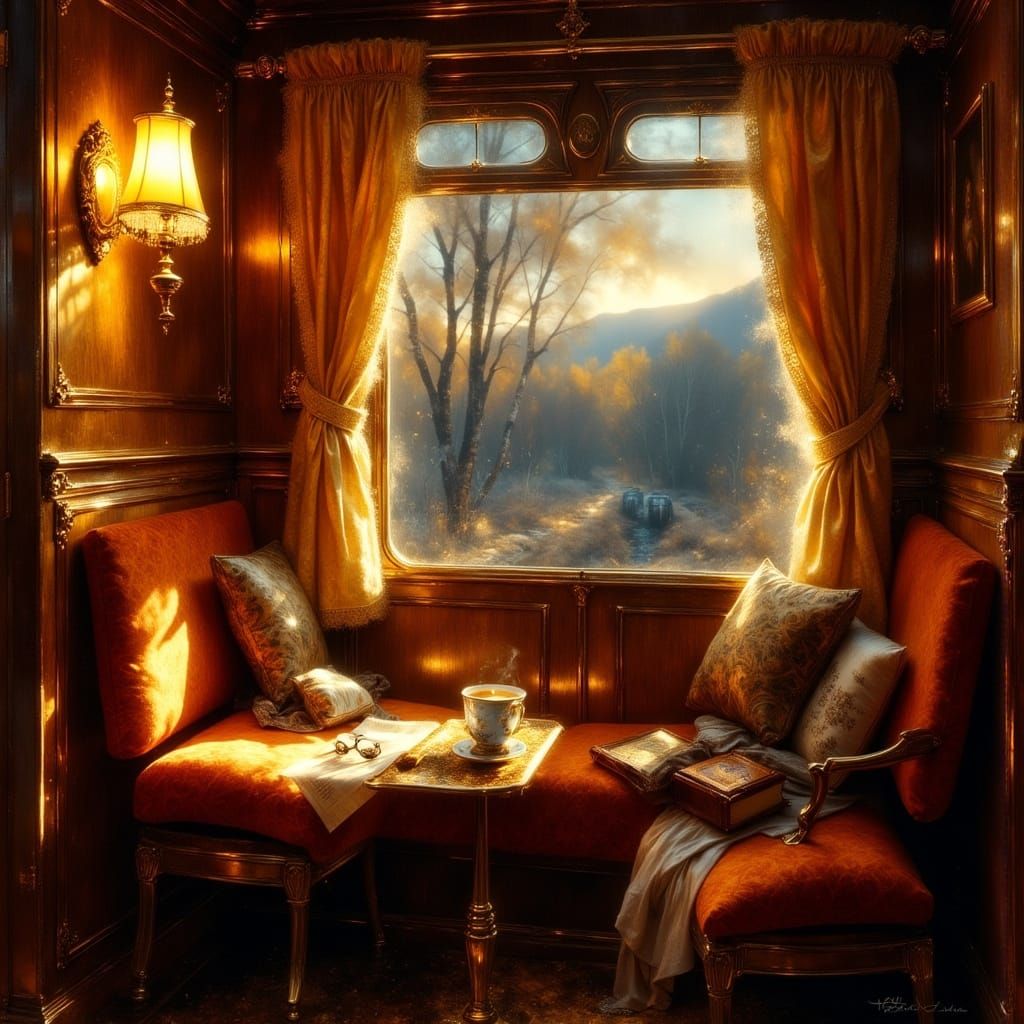 Cozy 1960s Train Compartment in Hyperrealistic Illustration