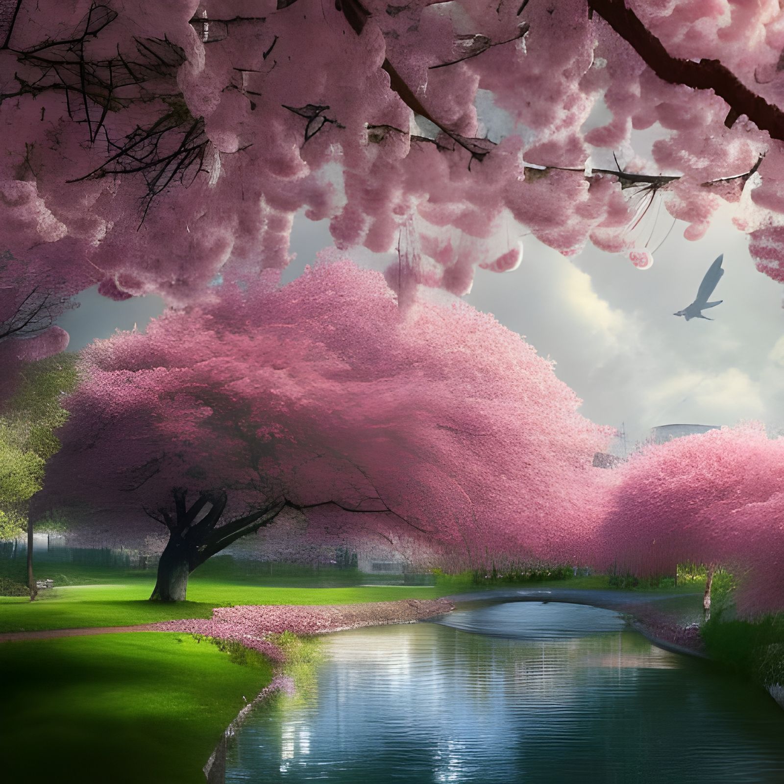 Blooming Cherry Tree Garden: Digital Matte Painting