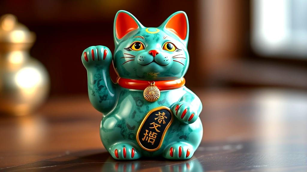 Malachite Maneki-neko: Photorealistic Porcelain Lucky Cat