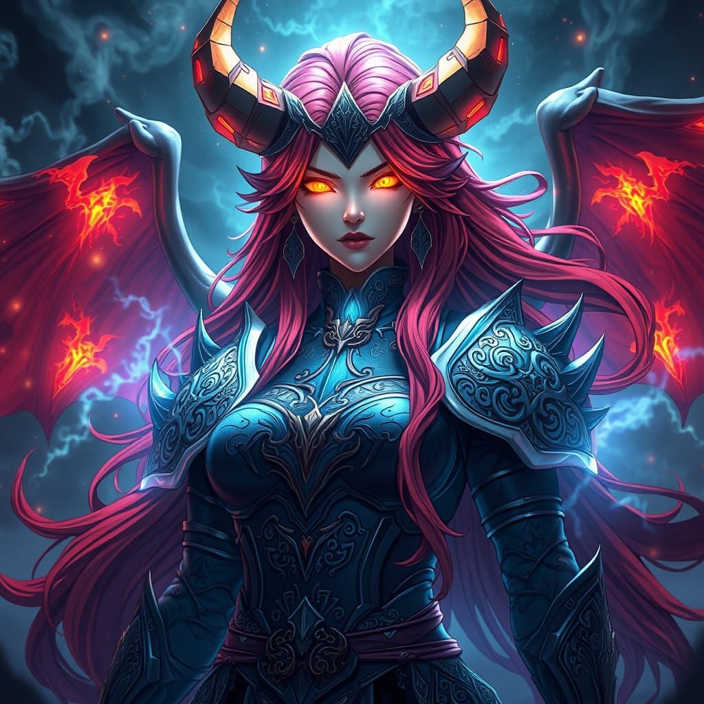 Cyberpunk-Inspired Demon Sorceress in Haunting Anime Concept...