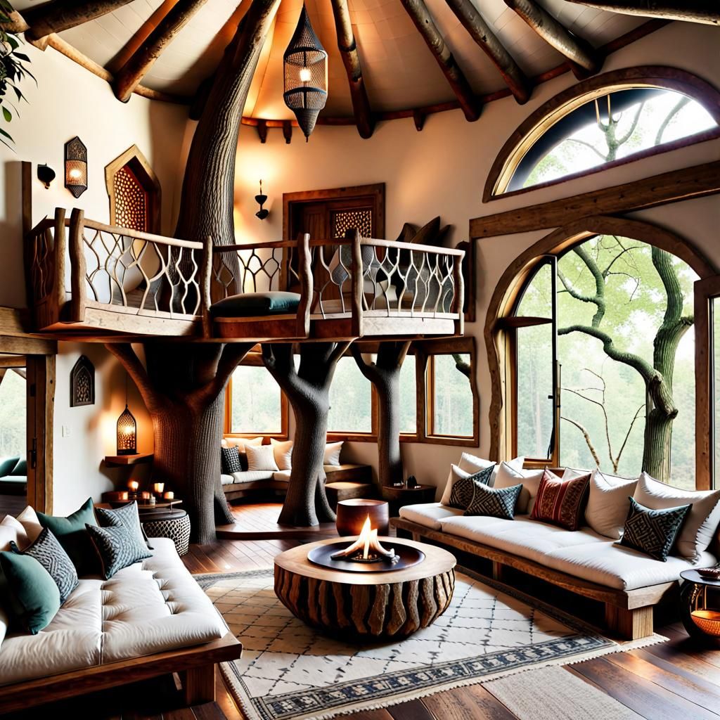 Zen Moroccan Treehouse Living Room Interior Design