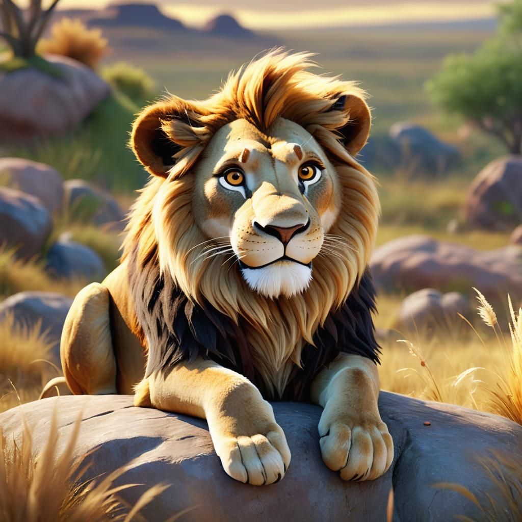 Lion in Love on Savannah in 3D Pixar Style
