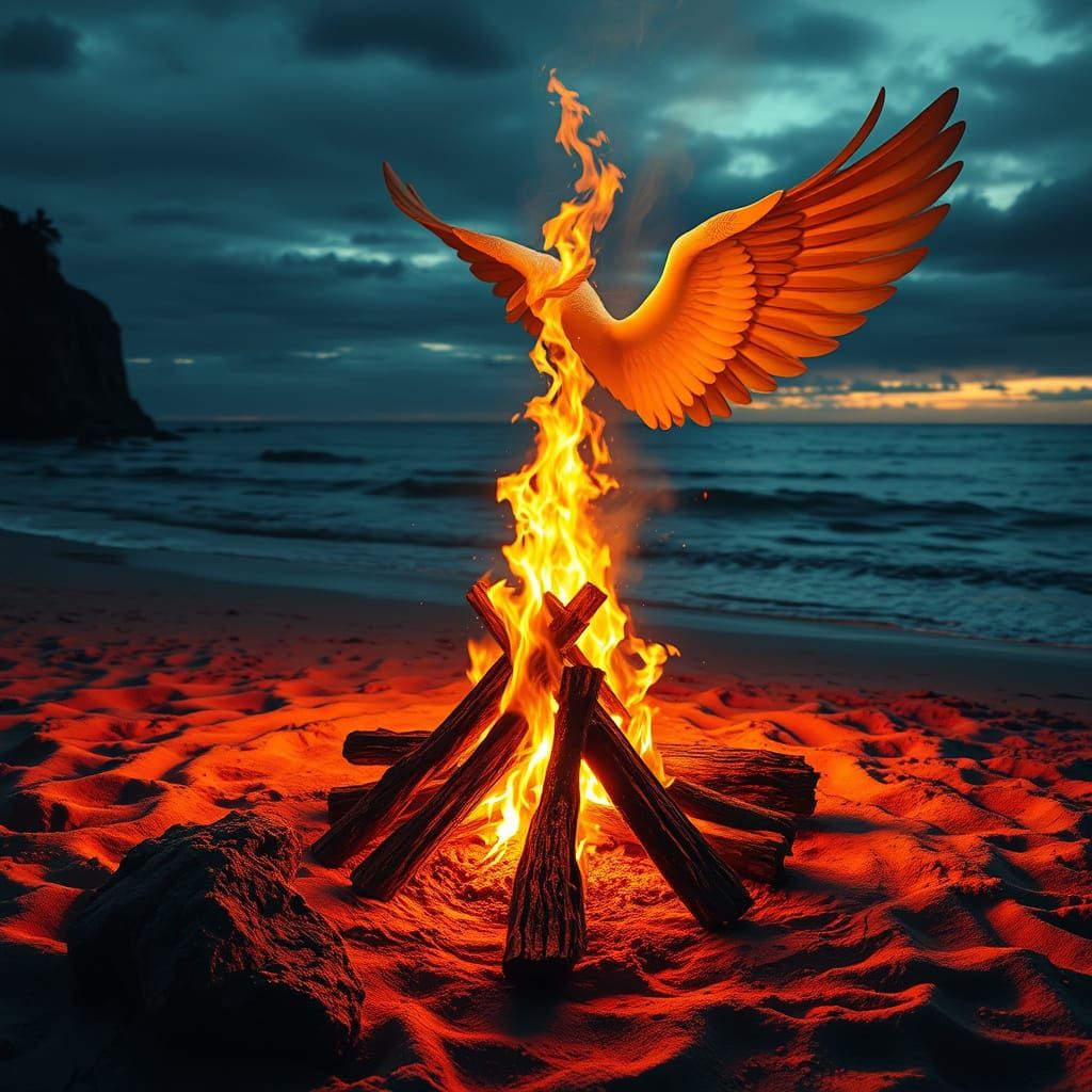 Angelic Figure Rises from Beach Campfire