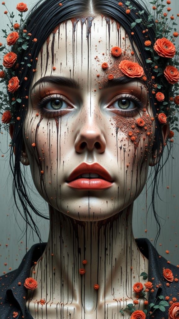 Symmetrical Portrait of Woman with Dripping Paint Face