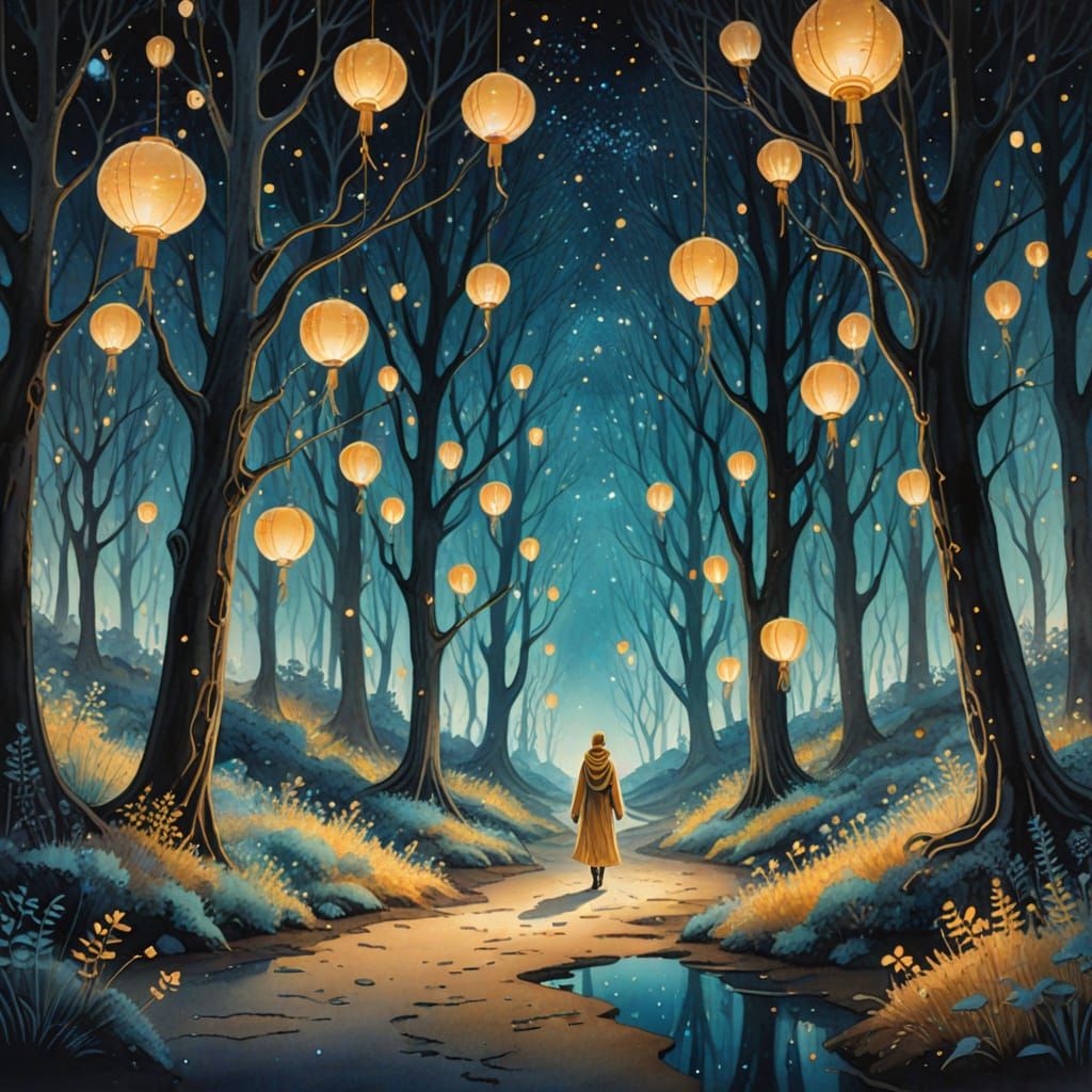 Ethereal Forest of Starlight Trees and Bioluminescent Flora