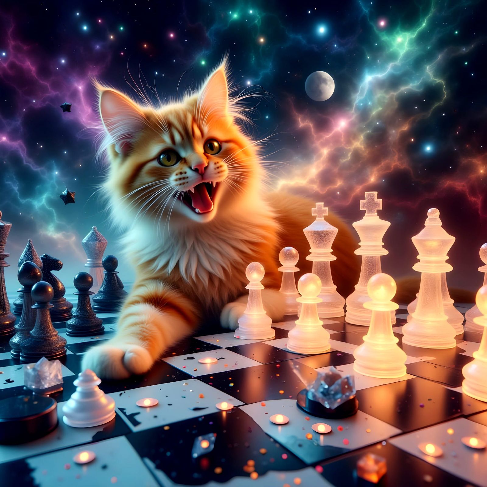 Orange Cat Plays Chess in Cosmic Fantasy Realm