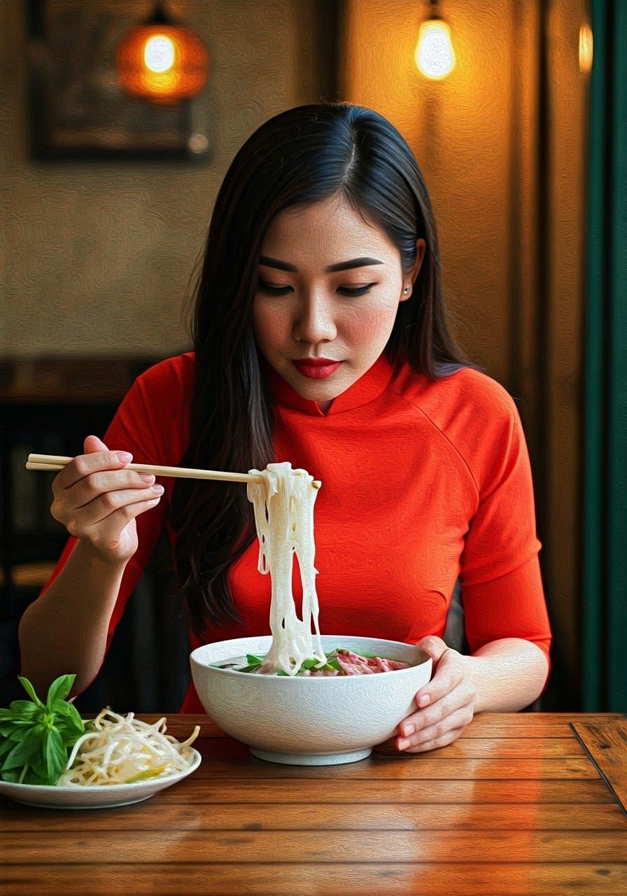 Vietnamese Woman Enjoys Pho in Hanoi, Impressionist Style