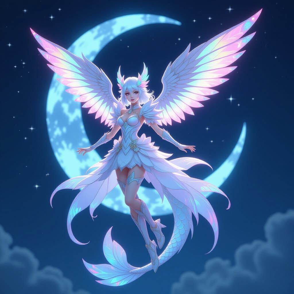 Iridescent Lunar Hybrid Creature in Anime Style