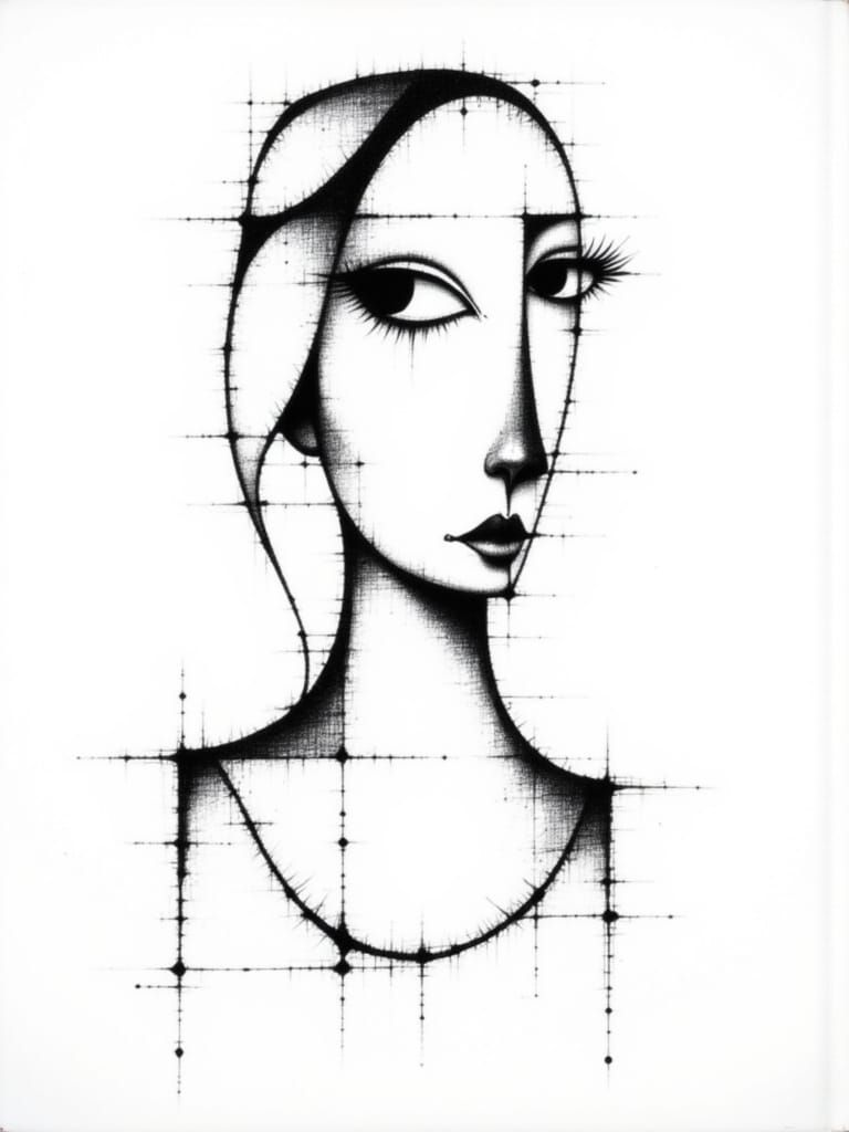 Cubist Caricature of Mickey Mouse in Black Line Drawing Styl...