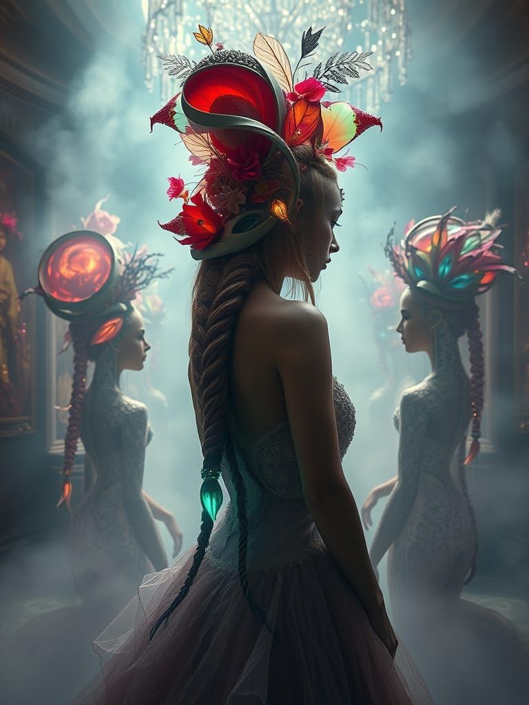 Dreamlike Ballroom with Avant-Garde Hair Sculptures