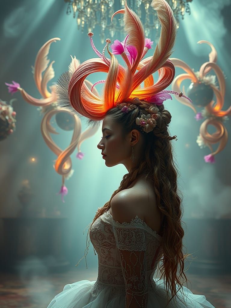 Dreamlike Ballroom with Avant-Garde Hair Sculptures
