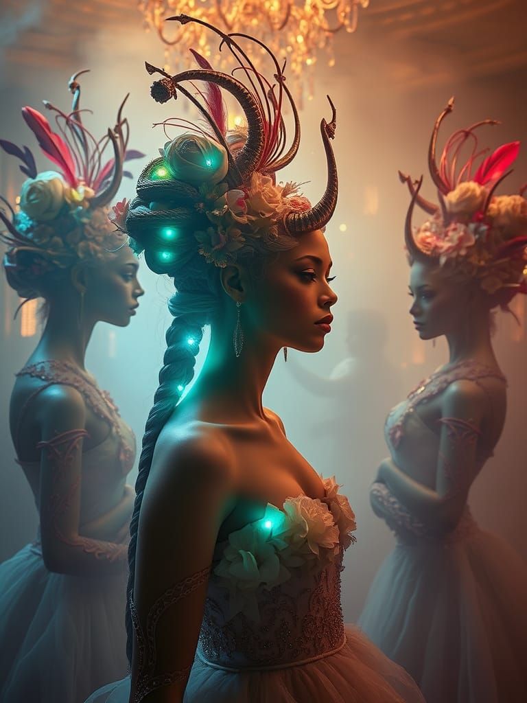 Dreamlike Ballroom with Avant-Garde Hair Sculptures