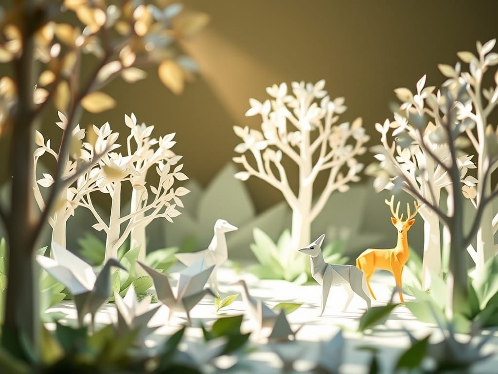 Origami Forest Scene with Paper Animals in Soft Sunlight