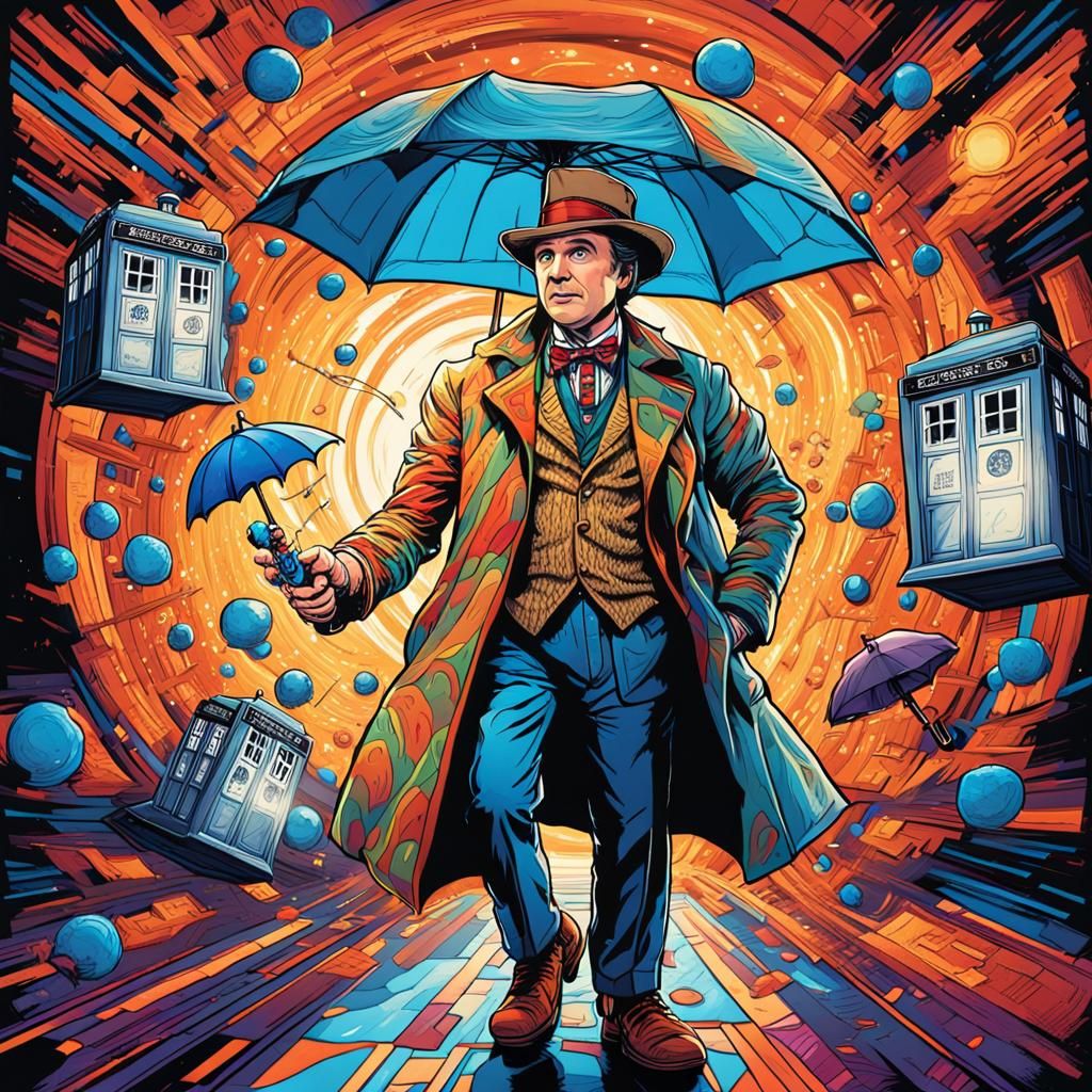 Seventh Doctor Cartoon in Surreal Comic Style