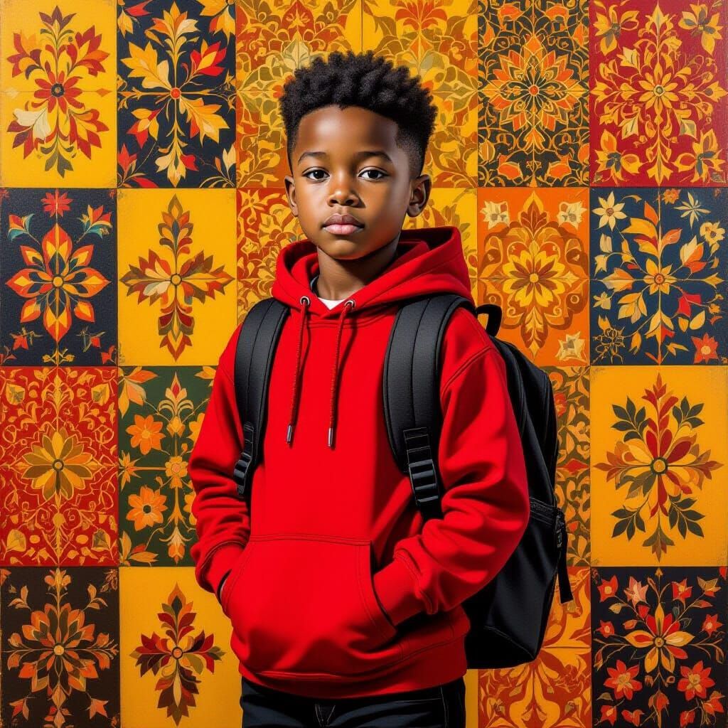 Young African Boy in Red Hoodie with Backpack