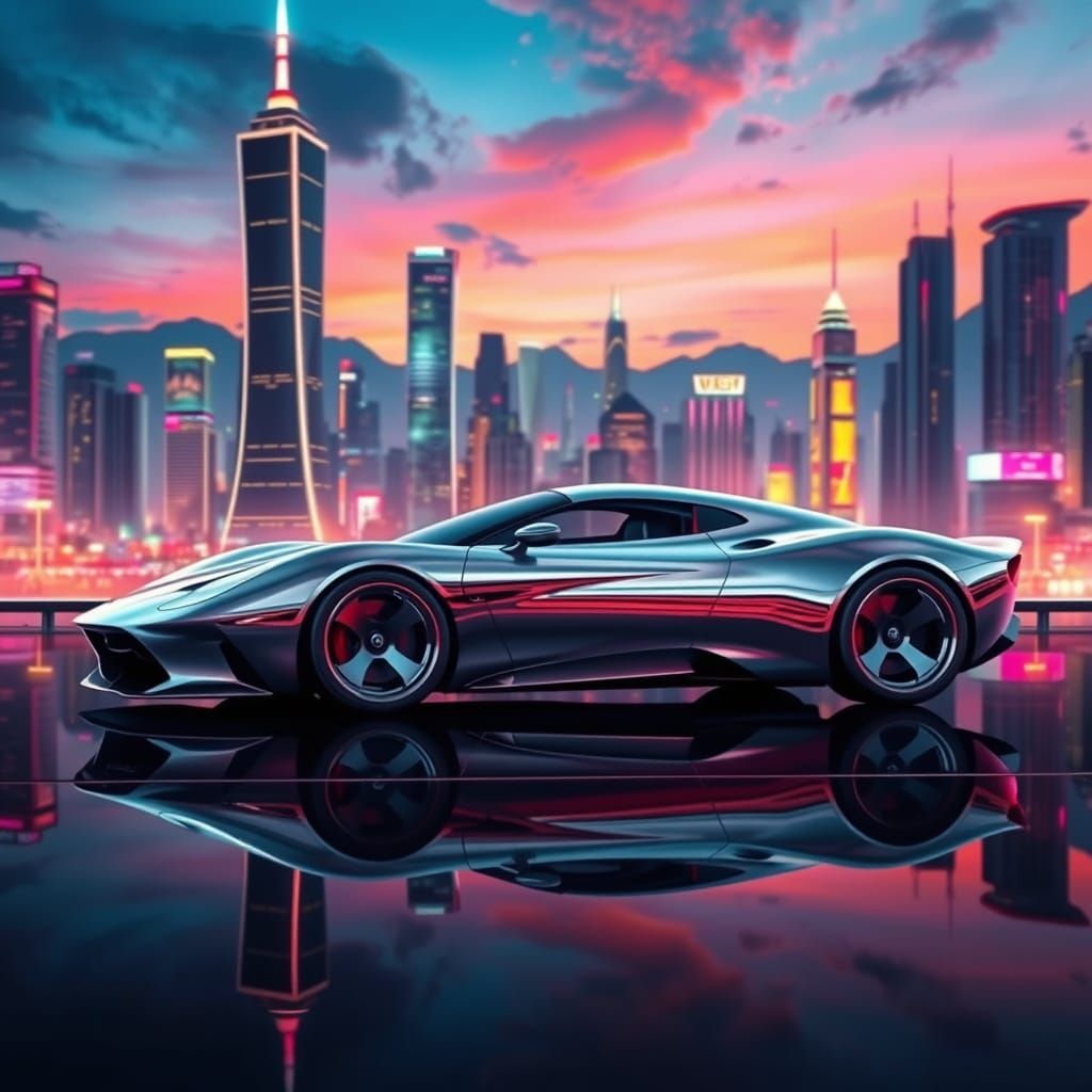 Sleek Futuristic Sports Car Reflects Vibrant Cityscape at Du...