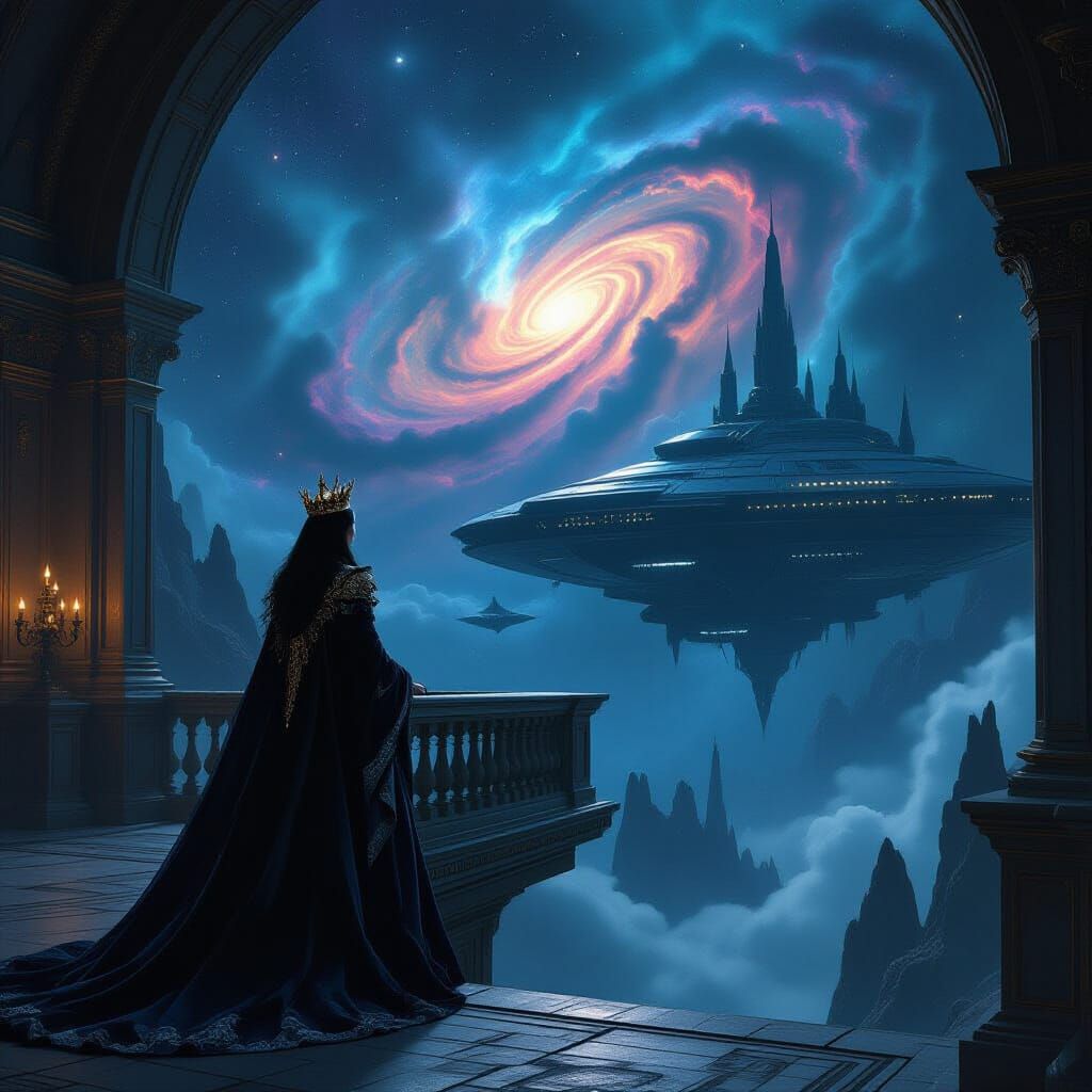 Queen on Spaceship Bridge Gazing at Nebula