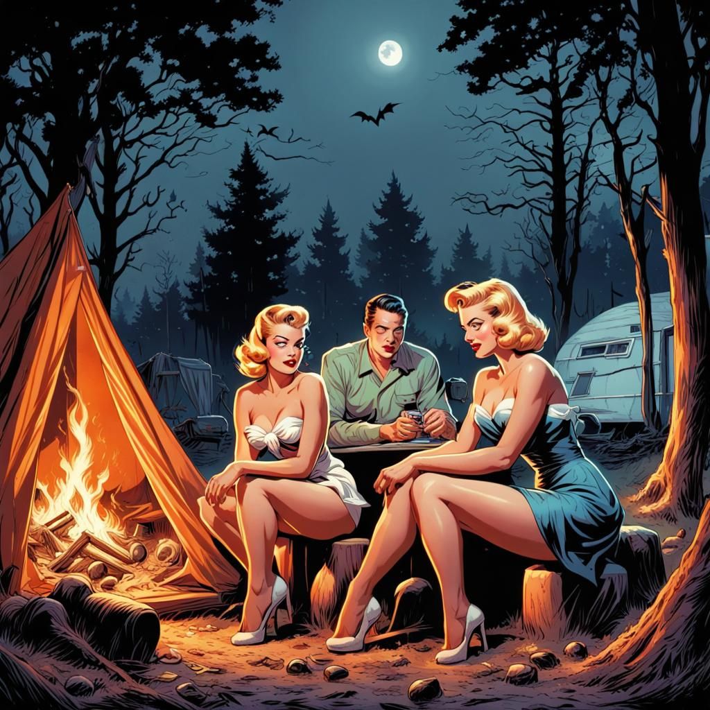 Spooky Campsite with 1950s Pinup Girls