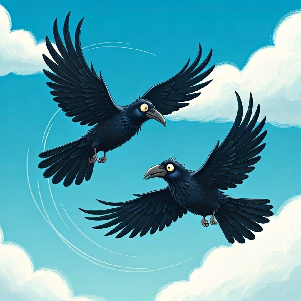 Cartoon Crows Flying in Picture Book Style