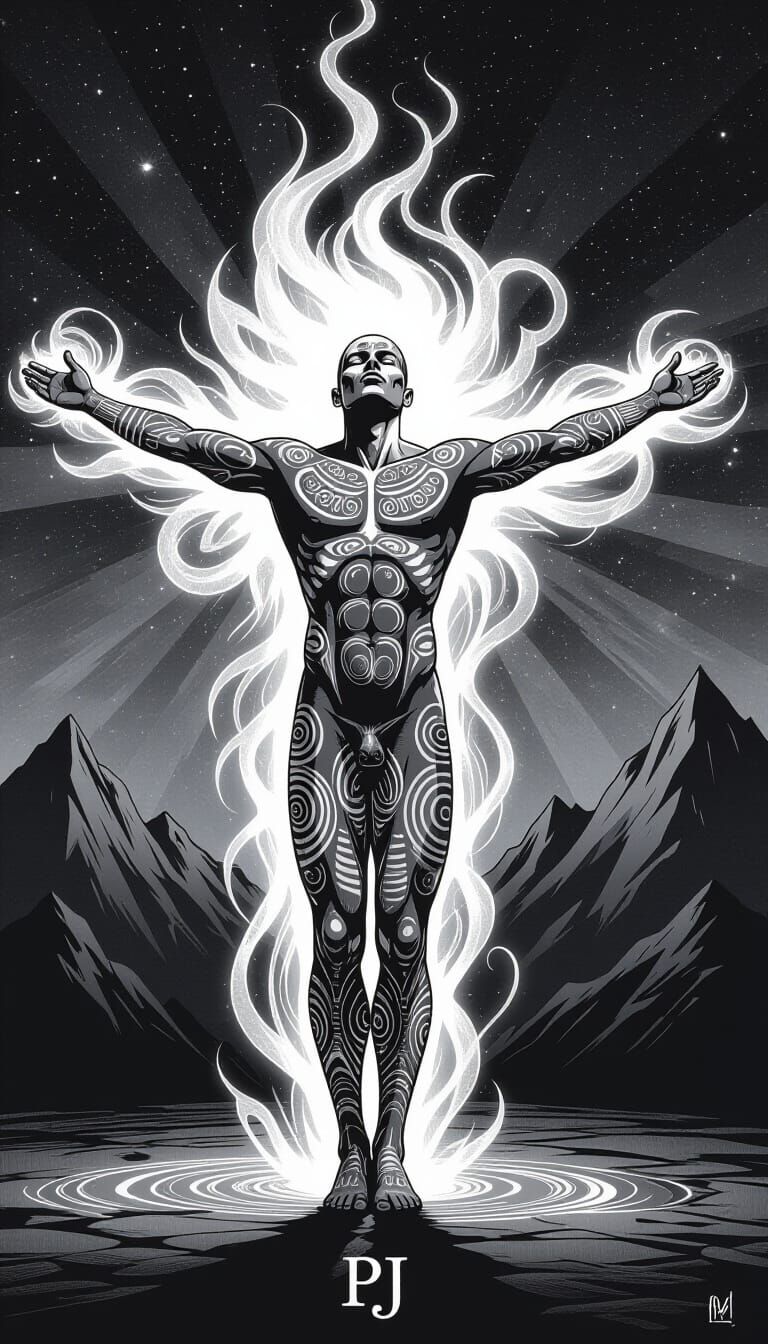 Monochrome Charcoal Vitruvian Man with Neo-Tribal Patterns