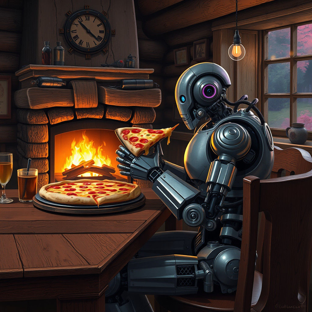 Cyborg Eats Pizza in Rustic Inn