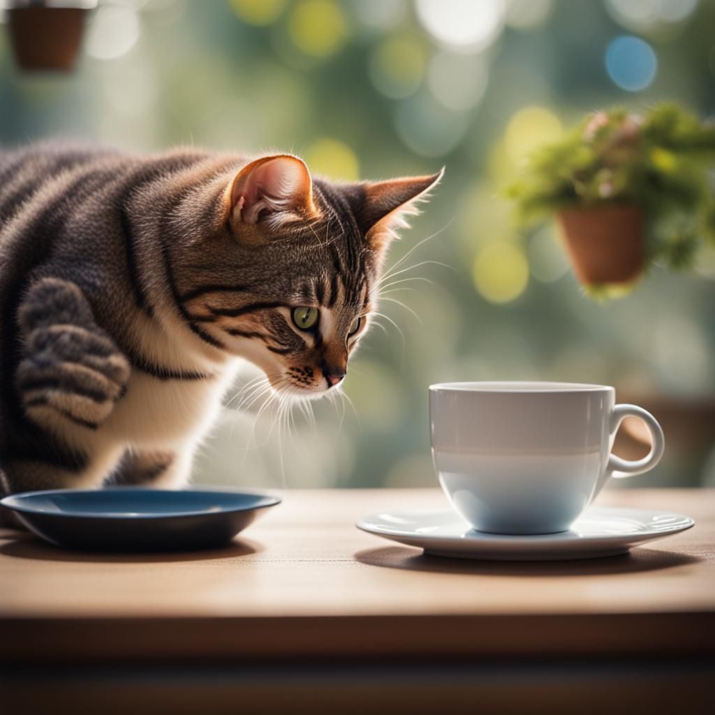 Cat Antics: Cup Falls in Professional Photo