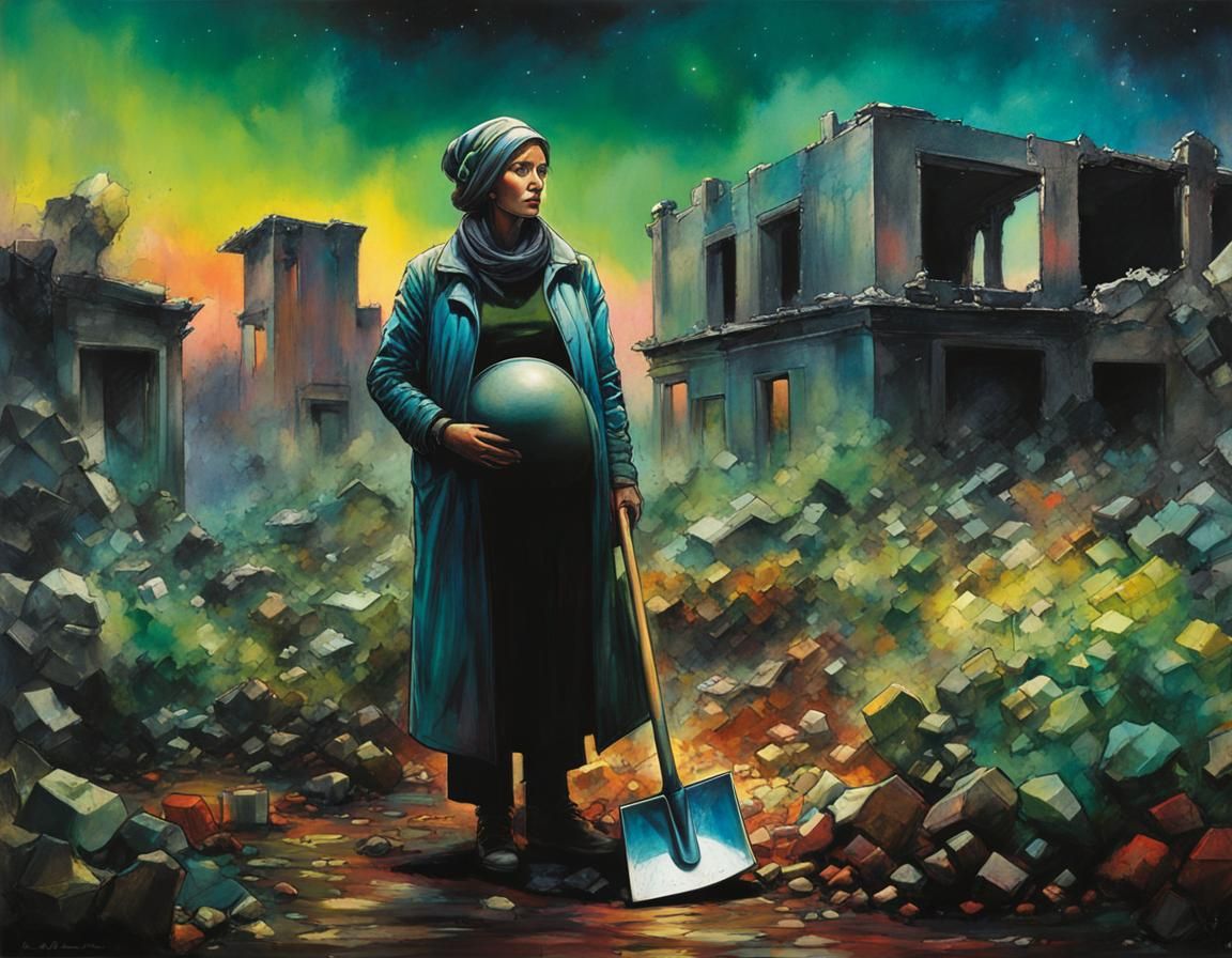 Dystopian Future: Pregnant Woman Gardens in Museum Ruins