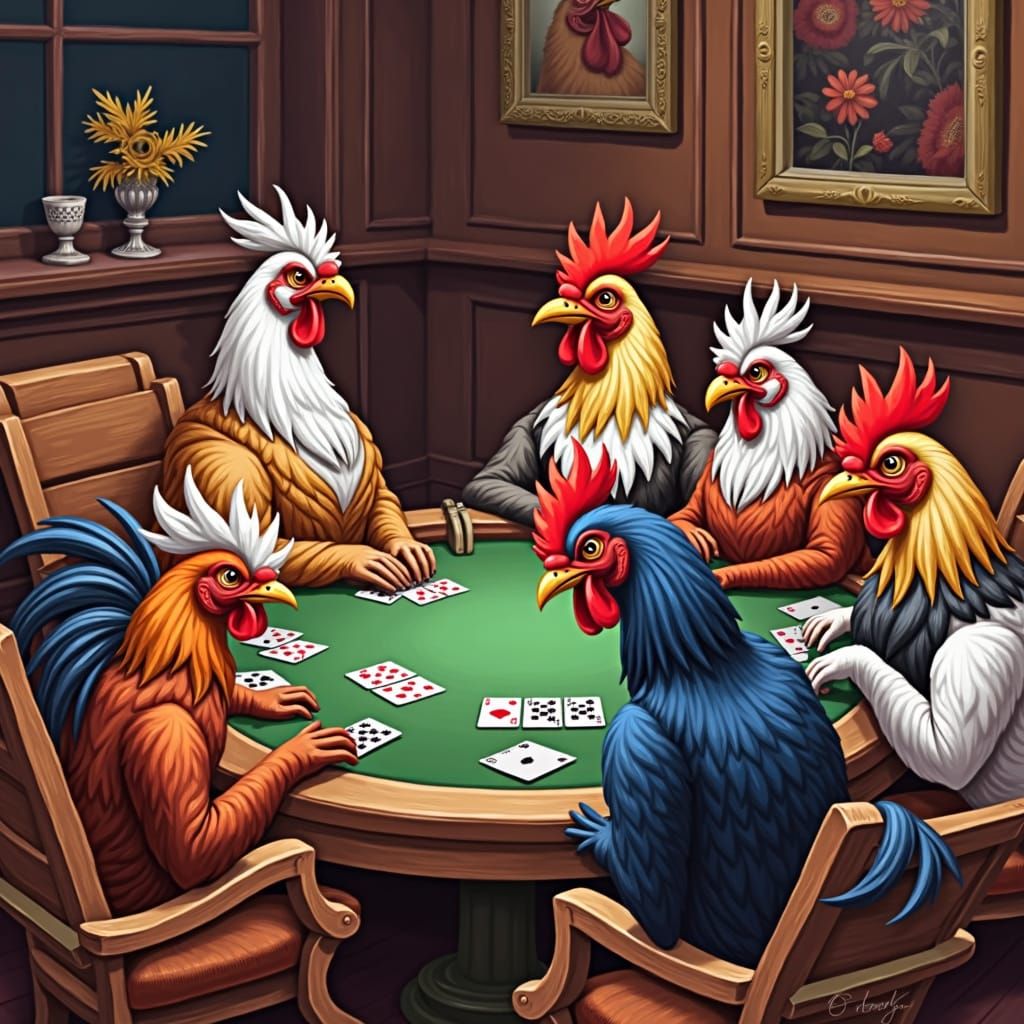 Roosters Playing Poker in Humorous Scene