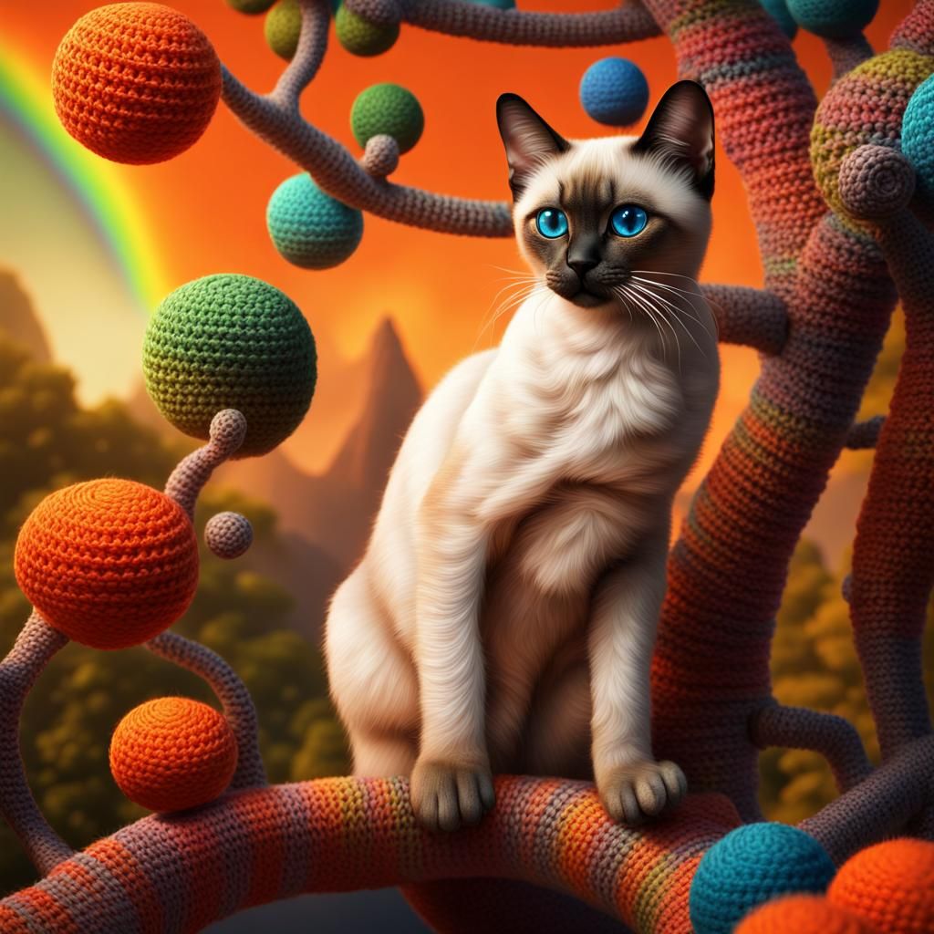 Rainbow Crochet Siamese Cat on Crochet Tree
