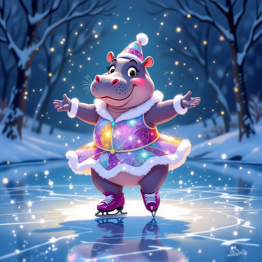 Happy Hippo Ice Skating as Ice Cracks