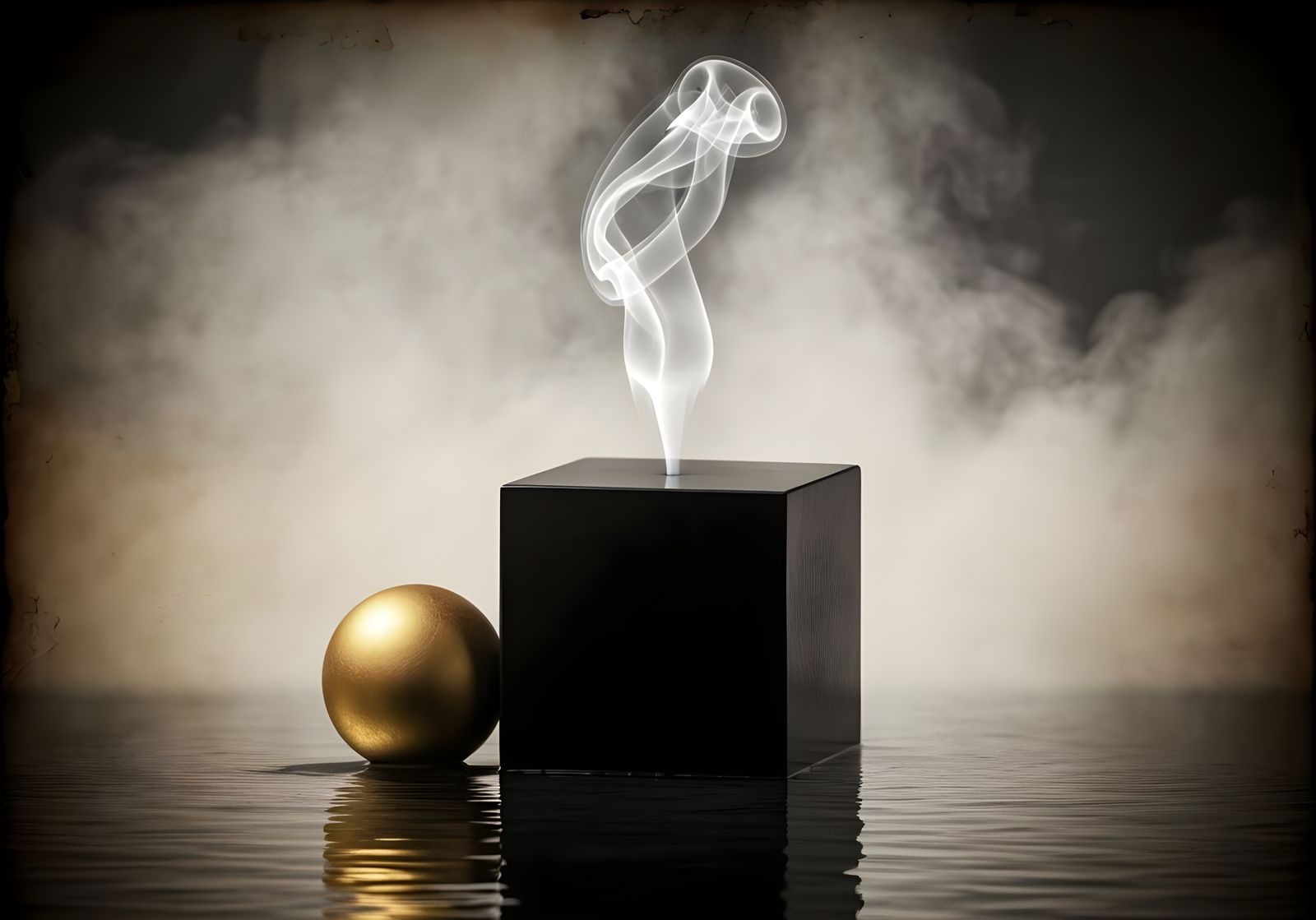 Sumi-e Ikebana: Golden Sphere and Black Cube