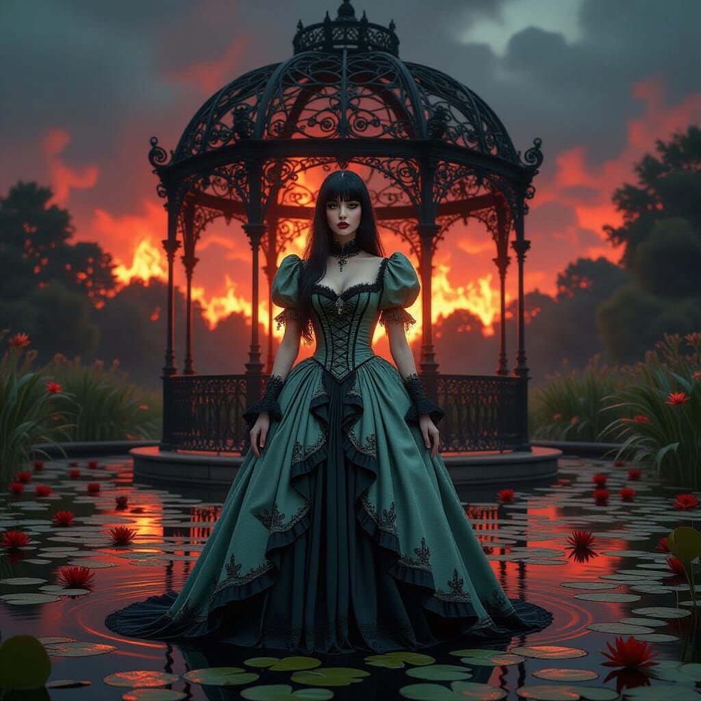 Gothic Woman in Gazebo Overlooking Hellscape