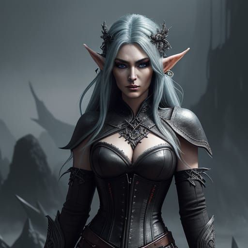 Elf Woman in Leather Bodice, Charcoal Drawing