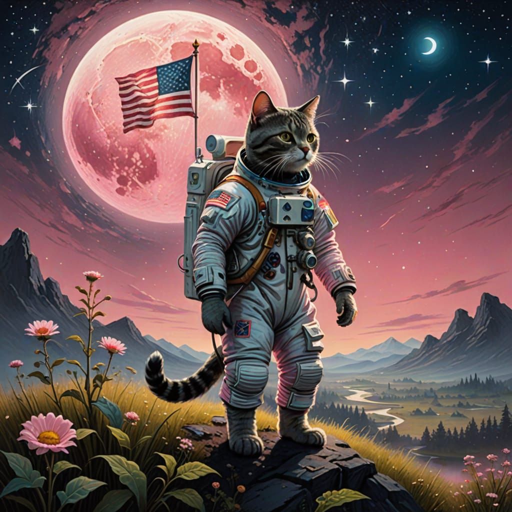 Cat Astronaut Plants Flag on Glittery Moon in Romantic Oil P...
